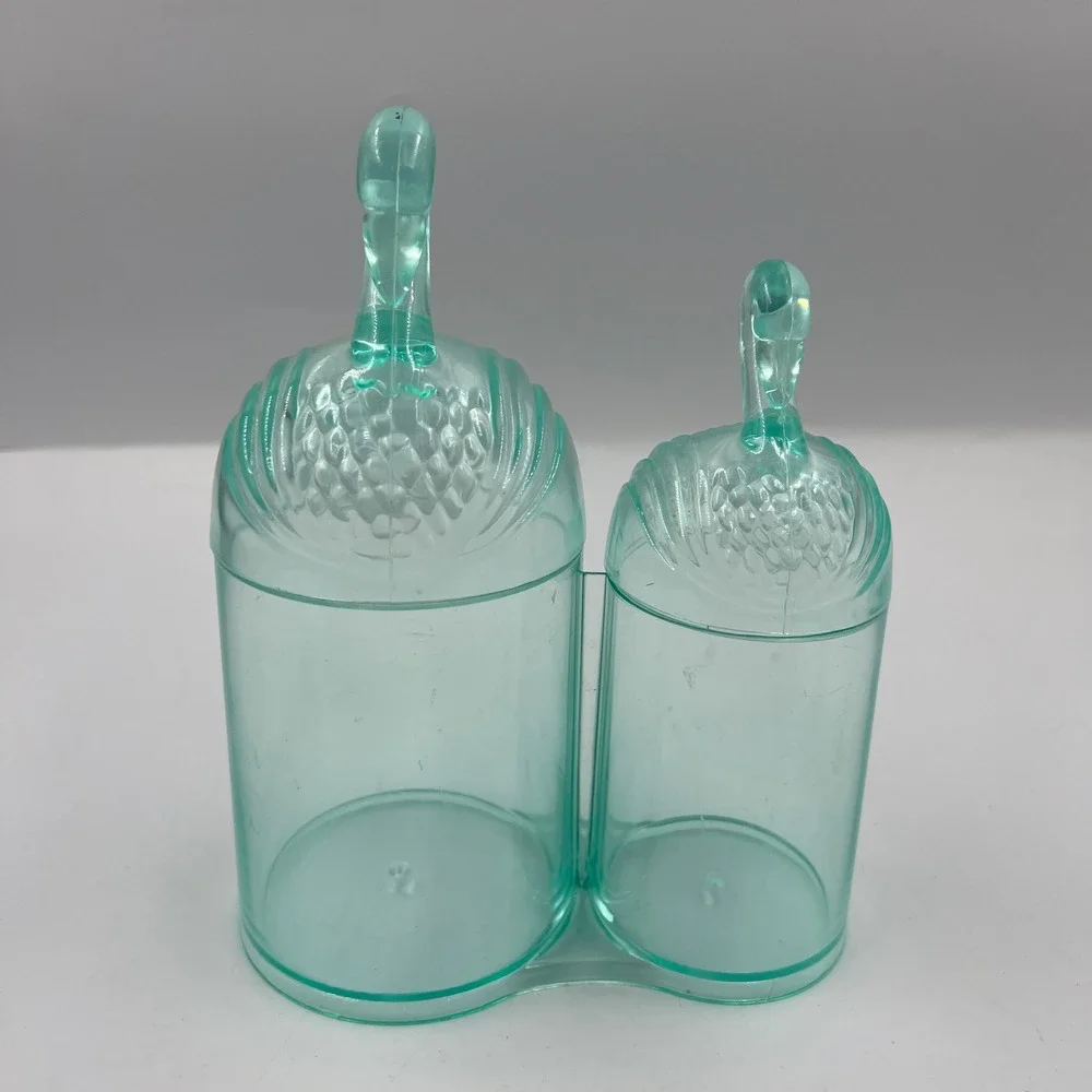 Vintage Aqua Plastic Double Vanity Canister Figural Swan Lids Retro Organizer